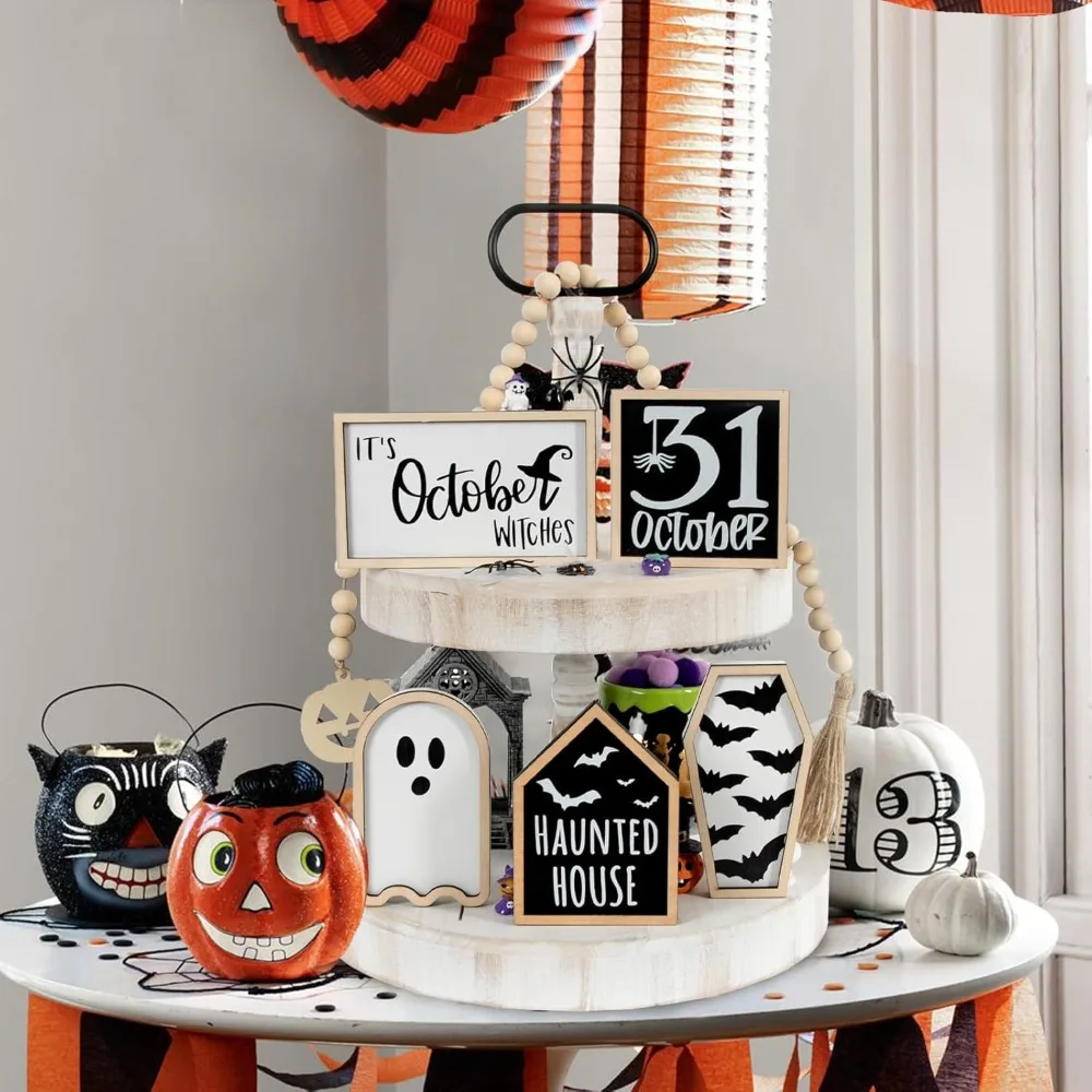 

6pcs Wooden Halloween Tiered Tray Decor Set Eco-friendly Coffin/Bat Shaped Table Centerpiece Ornament Reusable Desktop Ornaments