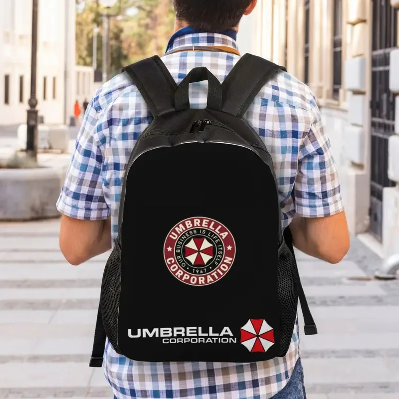 Benutzerdefinierte Umbrella Corporation Rucksäcke für Damen und Herren, Schule, Studenten, Büchertasche, Laptop, rundes Abzeichen, Videospiel-Liebhaber-Taschen