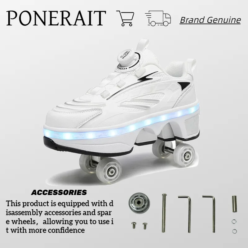 PONERAIT Shoes With Wheel PU leather Knob Adjustment Roller Sneakers New Deform Parkour Skates Shoes For Girls Special Gift