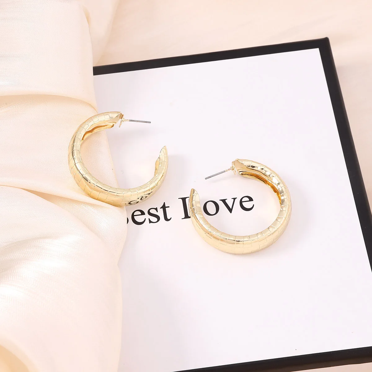Hip-hop punk style grid texture circle stud earrings, fashionable simple and versatile temperament catwalk earrings