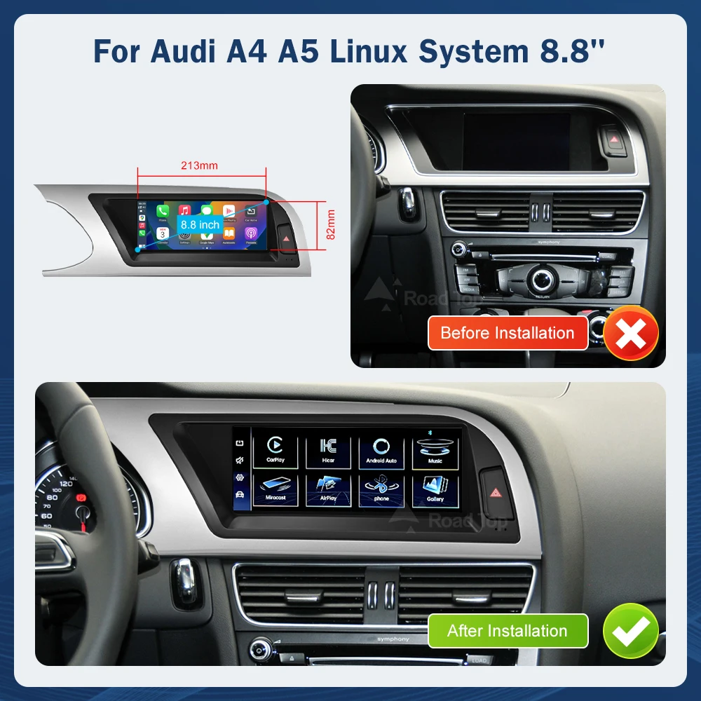 8.8 Inch Multimedia Display For Audi A4 2009-2012 Airplay Miracast Function Touch Screen Wireless Carplay Android Auto