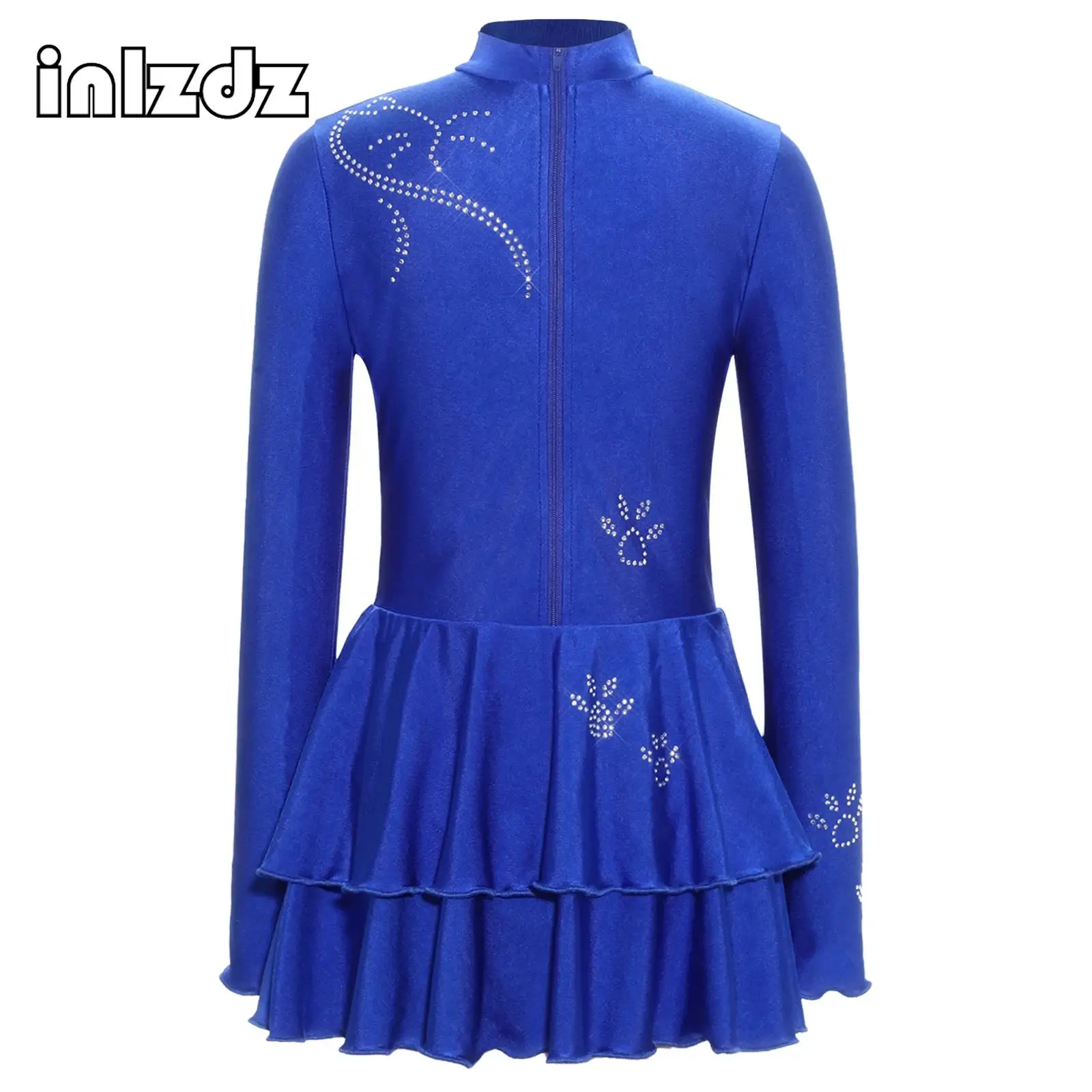 

Kids Girls Figure Skating Leotard Dress Rhinestones Long Sleeve Front Zip Tights Gymnastics Dress Ballet Performance Dancewear