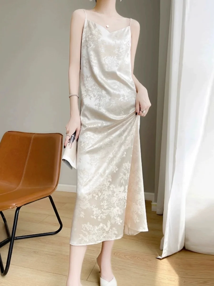 Ele Silk Long Dr Abito estivo da donna a vita alta a trapezio con stampa V-Ne Abito in acetato di raso Svel Bla Strapl Dr