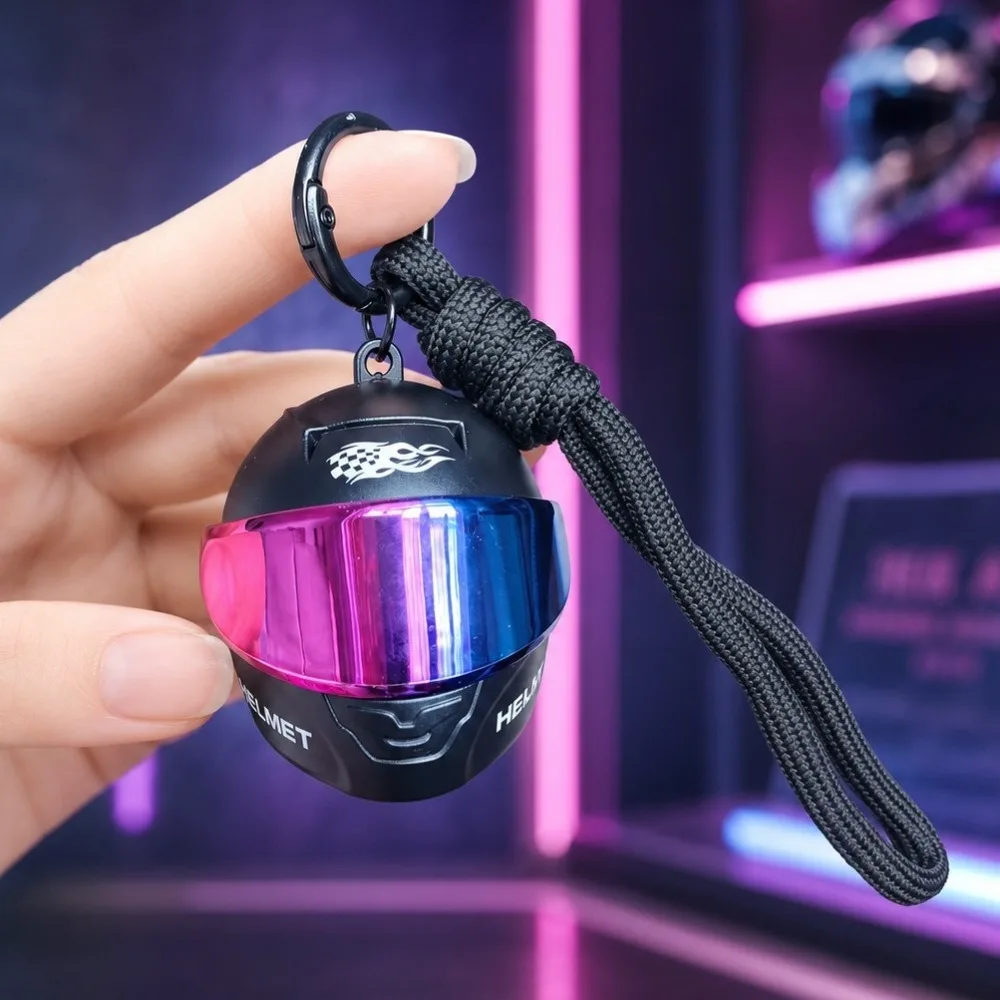 3D Motorcycle Helmet Keychain Light Up Multi-functional Mini Helmet Keychain Gradient Goggles Night Warning Light