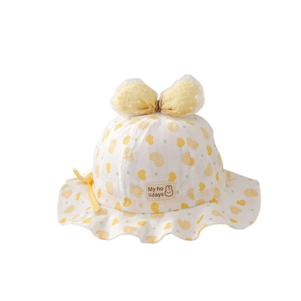 

Drawstring Sweet Baby Bucket Hat Adjustable Heart Print Cute Bow Infant Basin Cap Comfortable UV Protection