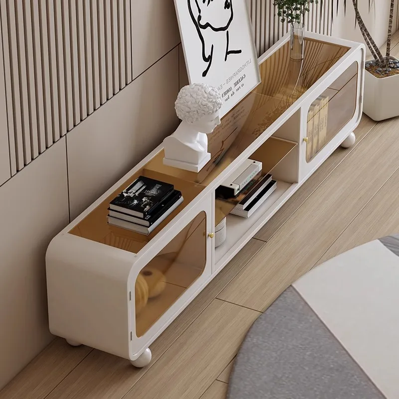 A Small-sized Metal Ironwork Glass TV Cabinet Is Combined with a Modern Cream-style Home Living Room Coffee Table for Placement