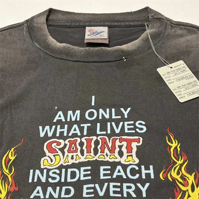

Flame Wing Print SAINT Mxxxxxx Oversized T Shirt Men Women 1:1 Best Quality Wash Black Vintage Short Sleeves