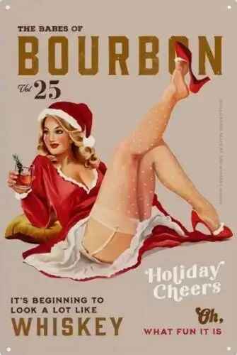 BOURBON WHISKEY METAL TIN SIGN BAR SIGN SEXY GIRL IN LINGERIE CHRISTMAS THEME sign