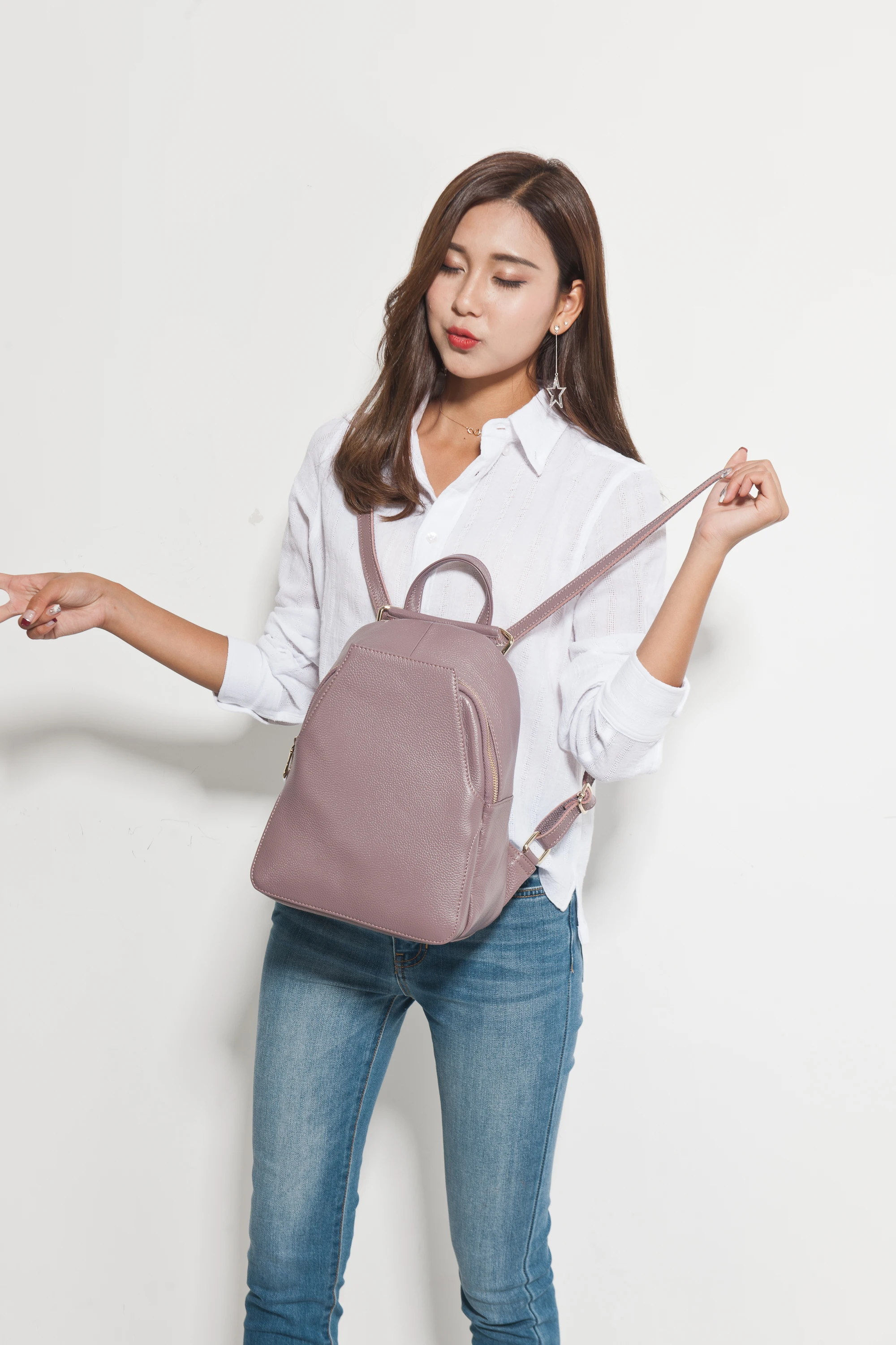 Zency Women Backpack 100% Genuine Leather Female Travel Knapsack Shoulder Bag Pink
