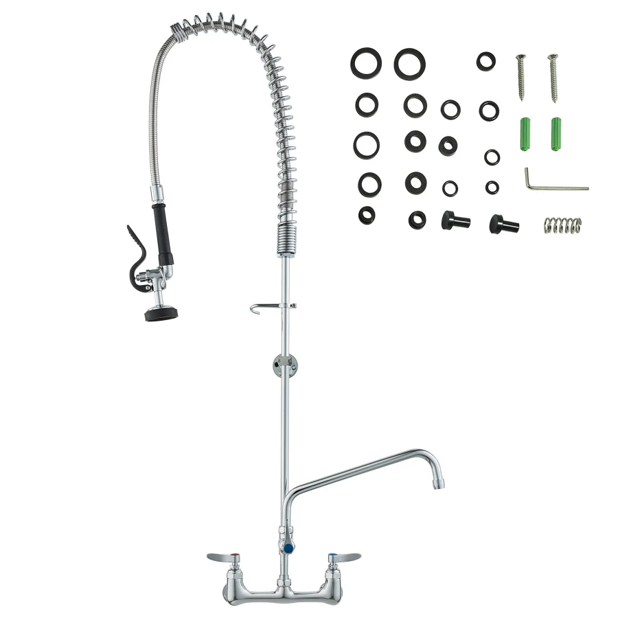 

Commercial Faucet with Pre-Rinse Sprayer 47" Height 8" Center 12" Swing Spout Wall Mount Kitchen Sink Faucet Brass Constructed