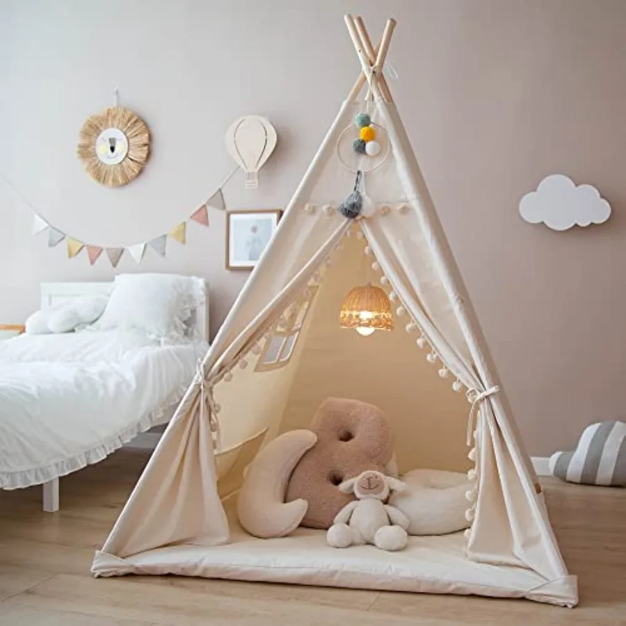 Tipi Tent voor met Gewatteerde Mat Opvouwbare Tone Speeltenten voor Meisje en Jongen Canvas Tepee Speelhuisje voor Kind Binnen Buiten