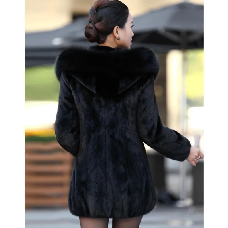 Autumn Winter New Women's Faux Rabbit Fur Thick Hooded Faux Fox Fur Collar Mid-Long Coat 6