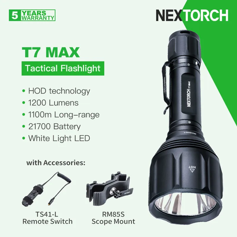 

Nextorch T7 MAX 1100m Long Range Tactical Flashlight, 1200 Lumens, 21700 Battery, with Remote Switch & Scope Mount for Hunting