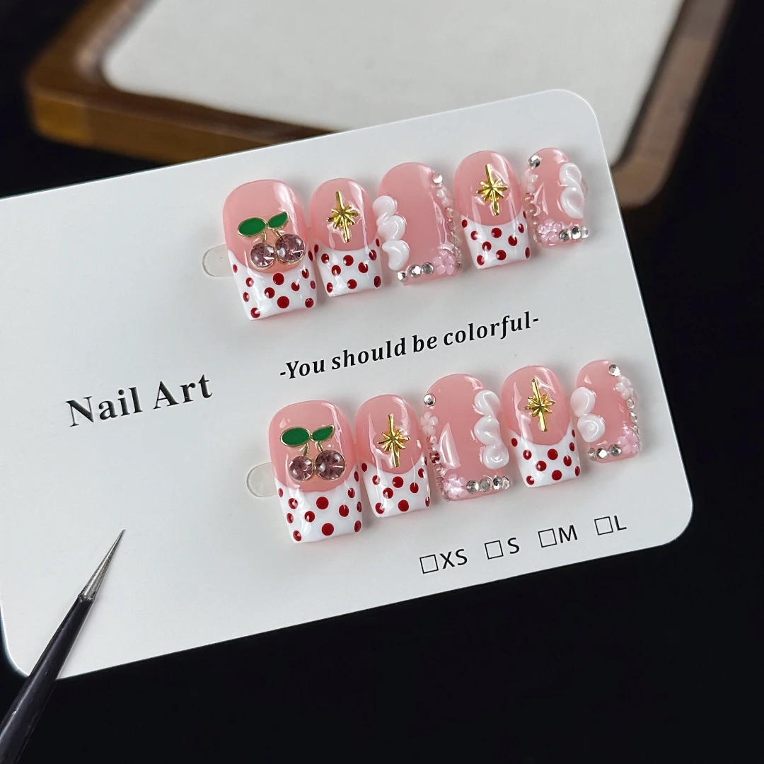 10pcs High-end Style girl version, hand-painted polka dot pattern, small cherries, flowers, with tiny diamond handmade fake nail
