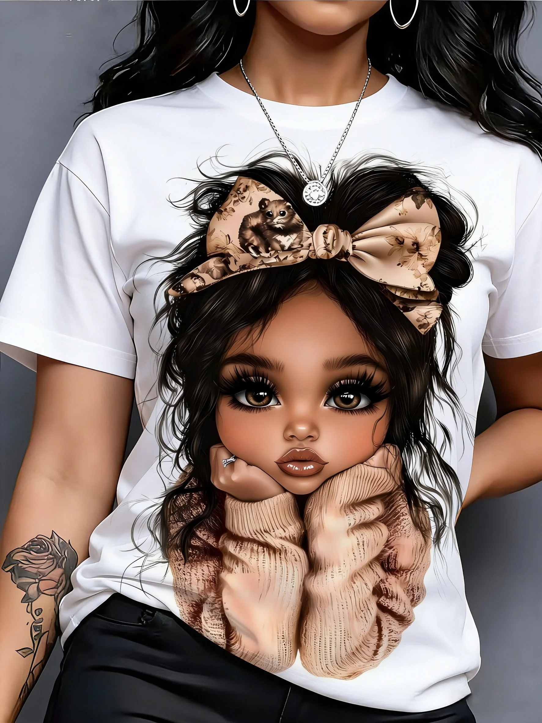 Women Fashion T‑Shirt Cute Bow Girl Art Portrait Print Short Sleeve Crew Neck Casual Summer Daily Tops