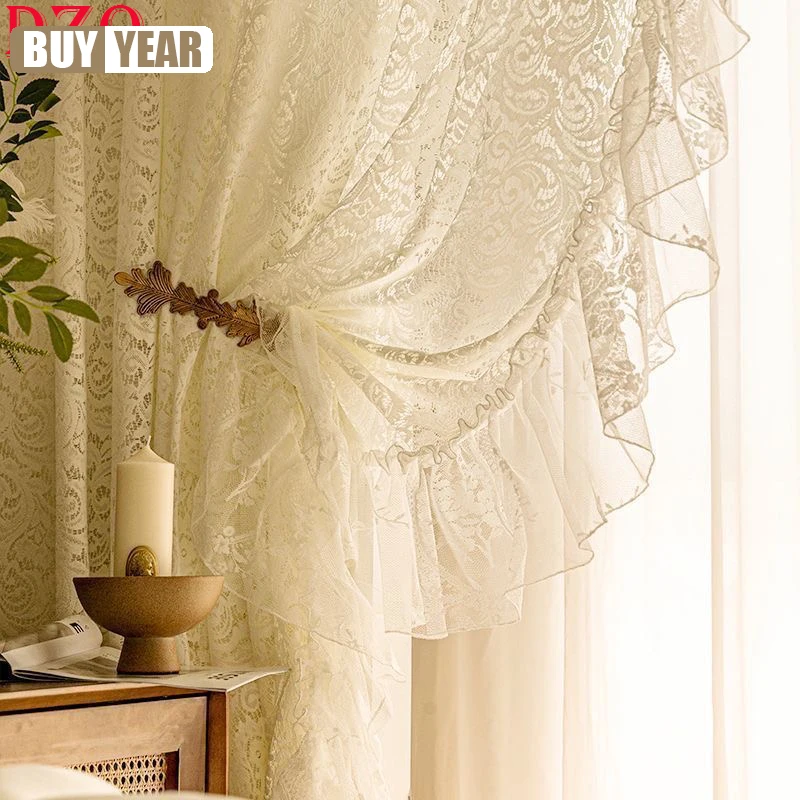 French Idyllic Elegant Solid White Warp Ruffled Tulle Curtains For Living Room Romantic Lace Gauze Curtains For Kitchen #A452