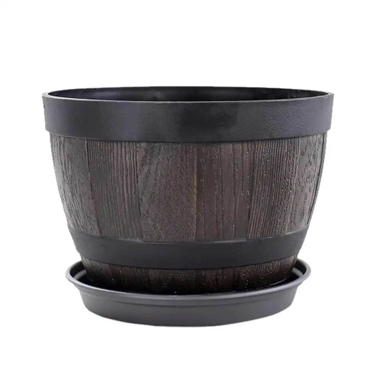 

2pcs Simulation Wood Barrels 9 Inch Resin Flower Pot Vintage Style Bucket Shape Planter Decoration Outdoor Patio Farmhouse