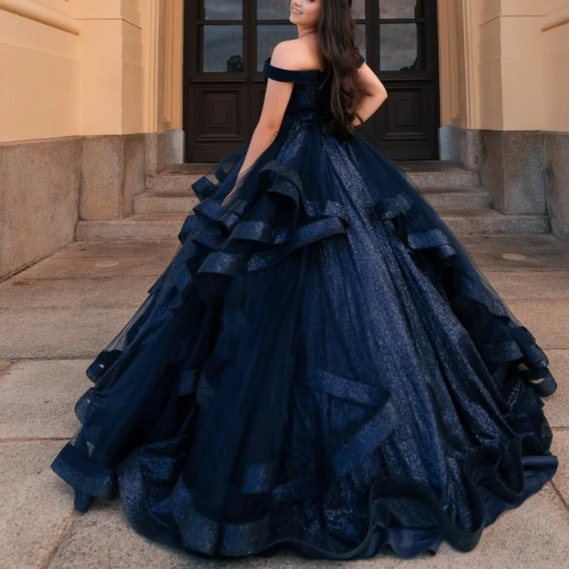 Dark Blue Quinceanera Dresses Off the Shoulder Glitter Decal Lace Layering Long tail Vestido De 15 Quinceanera Customize