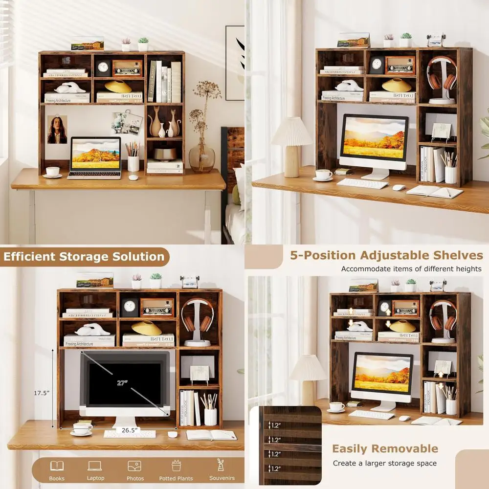 

37 Multipurpose Wooden Desk Storage Hutch with 7 Cubes and 3 Adjustable Shelves, Rustic Brown