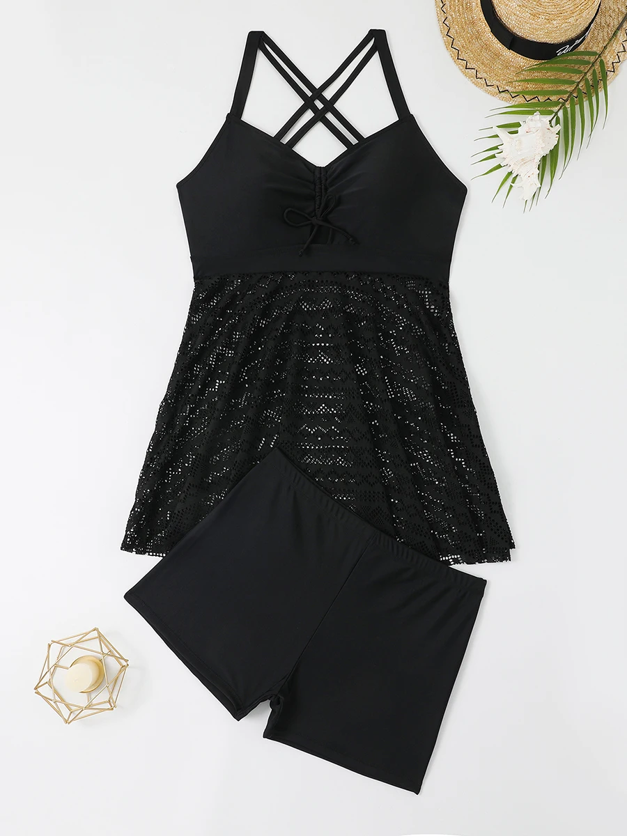 2 Pieces Large Plus Size Tankini Beach Dress Mesh Swimsuit Women Solid Swimwear Female Bathers Bathing Swimming Swim Suit 4XL
