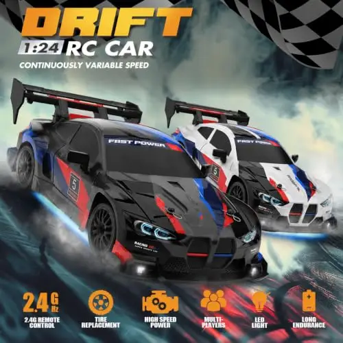 Samochód wyścigowy do driftu, skala 1:24, zdalnie sterowany, prędkość 25 km/h, napęd na cztery koła, częstotliwość 2,4 GHz, miniaturowy samochód RC z dwiema bateriami i diodami LED, idealny dla