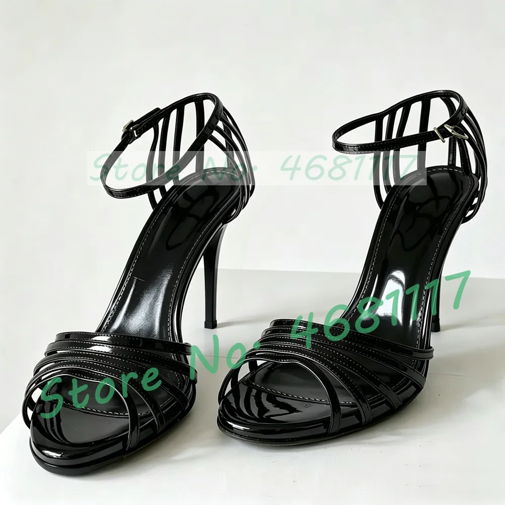 

Black Caged Open Toe High Heels Sandals Women Fashion Patent Leather Cross Strap Shoes Ladies Party Cover Heel Evening Sandals