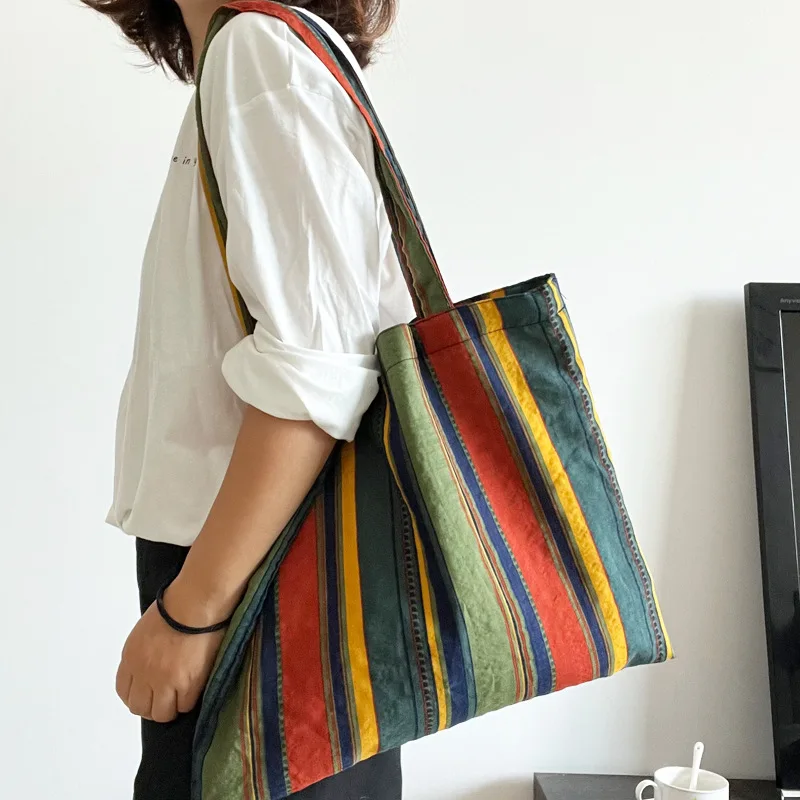 Vintage Color Rainbow Stripes Shoulder Bag Handbag Eco Reusable Capacity Girl Shopping Thin Cloth Bag Women Outdoor Travel Tote