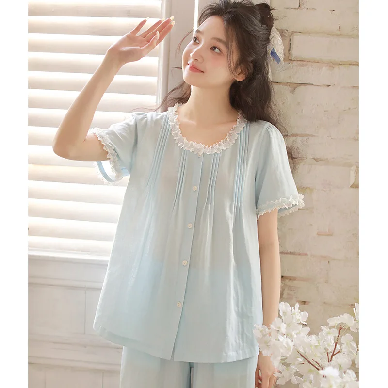 Sweet  Soft 100% Cotton  Solid Color Pajamas Sets For Women Summer Loose Knee Length  Pants Nightwear Girls Homewear