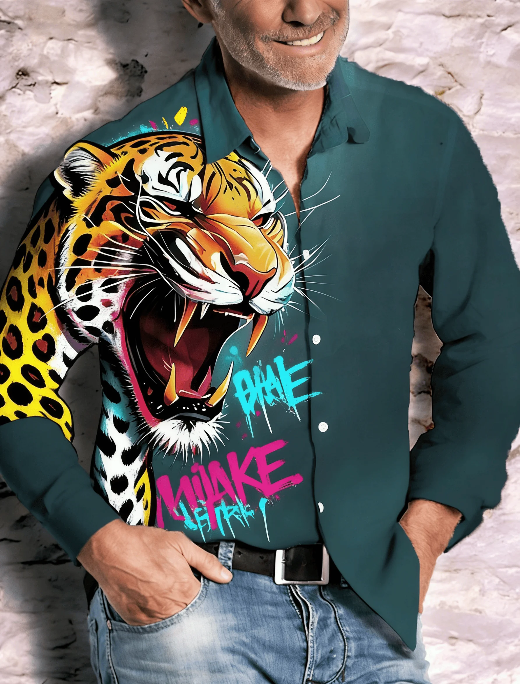 

Men's Half Tiger Print Long Sleeve Shirt Spring Summer Turn-Down Collar Casual Blouse