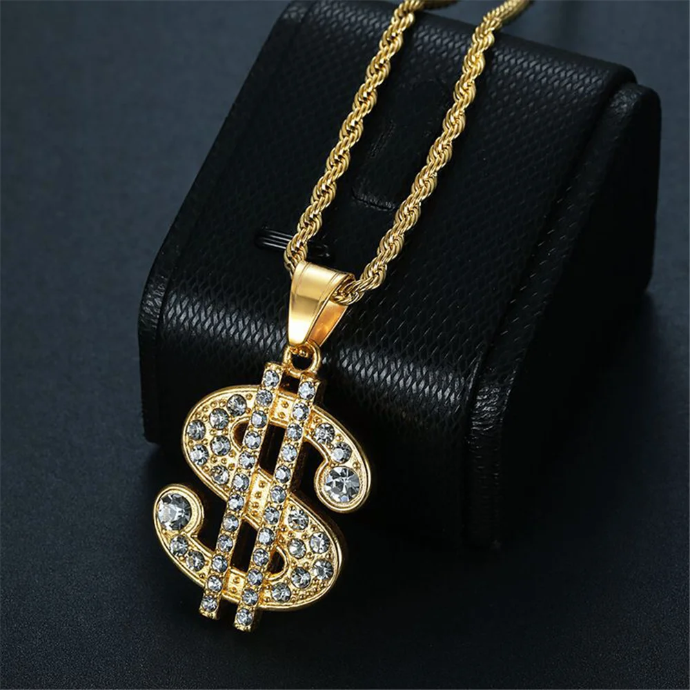 Hip Hop glacé Bling Dollar signe pendentif couleur or acier inoxydable rappeur argent collier pour hommes femmes Hippie bijoux cadeau
