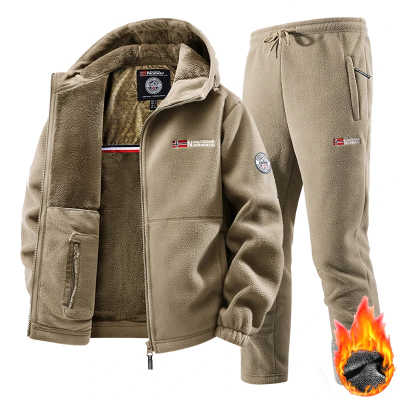 New Winter Sportswear Set Mens Retro Training Thick Fleece Jacket + Pants Two Piece Set Casual Ski Running Tracksuit Suit