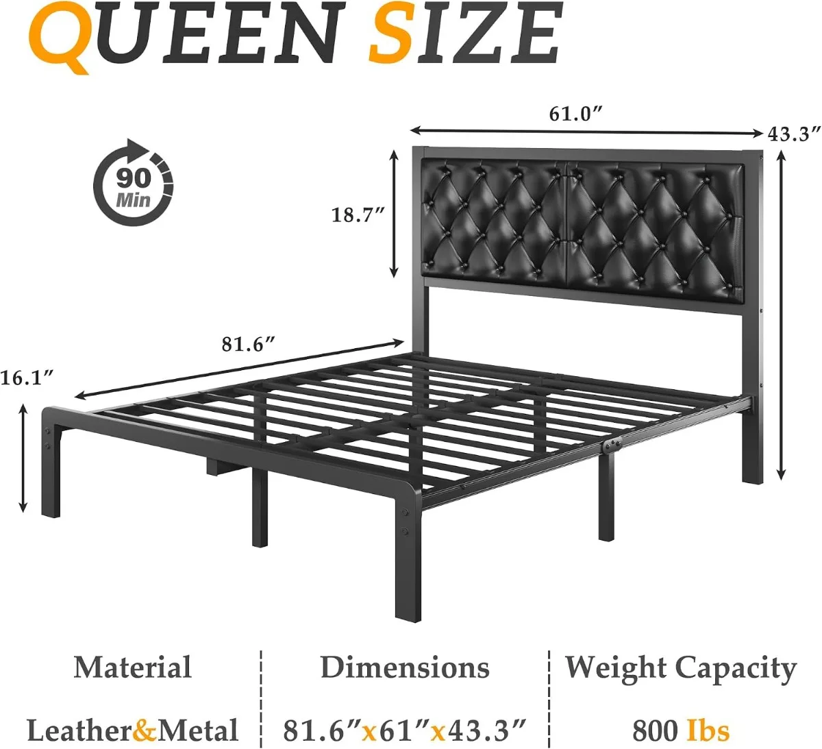 Queen Bed Frame with Upholstered Button Tufted Headboard, Bed Frame Platform Metal Slats Support, Under Bed Storage, Customized
