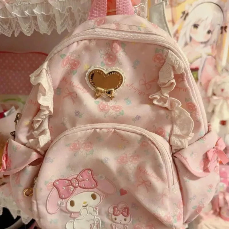 Miniso Sanrio MyMelody Pink Backpack Girl Cartoon Embroidery Japanese Schoolbag Lace Spliced Y2k Lolita Bag Kawaii Bag For Women