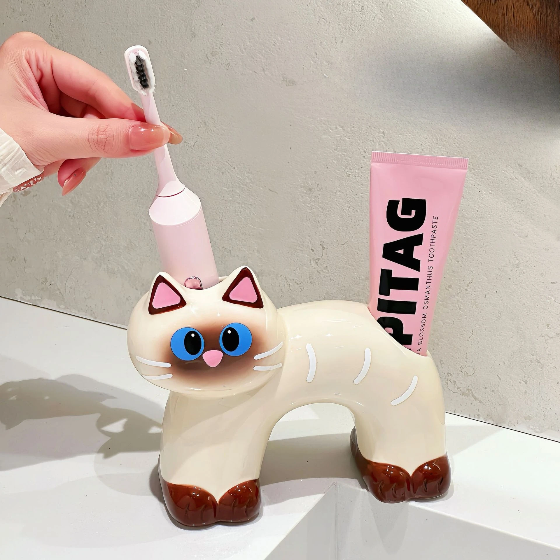 Siamese Cat Electric Toothbrush Holder Countertop Shelf Ceramic Toothware Base Toothbrush Holder Toothpaste Storage Shelf