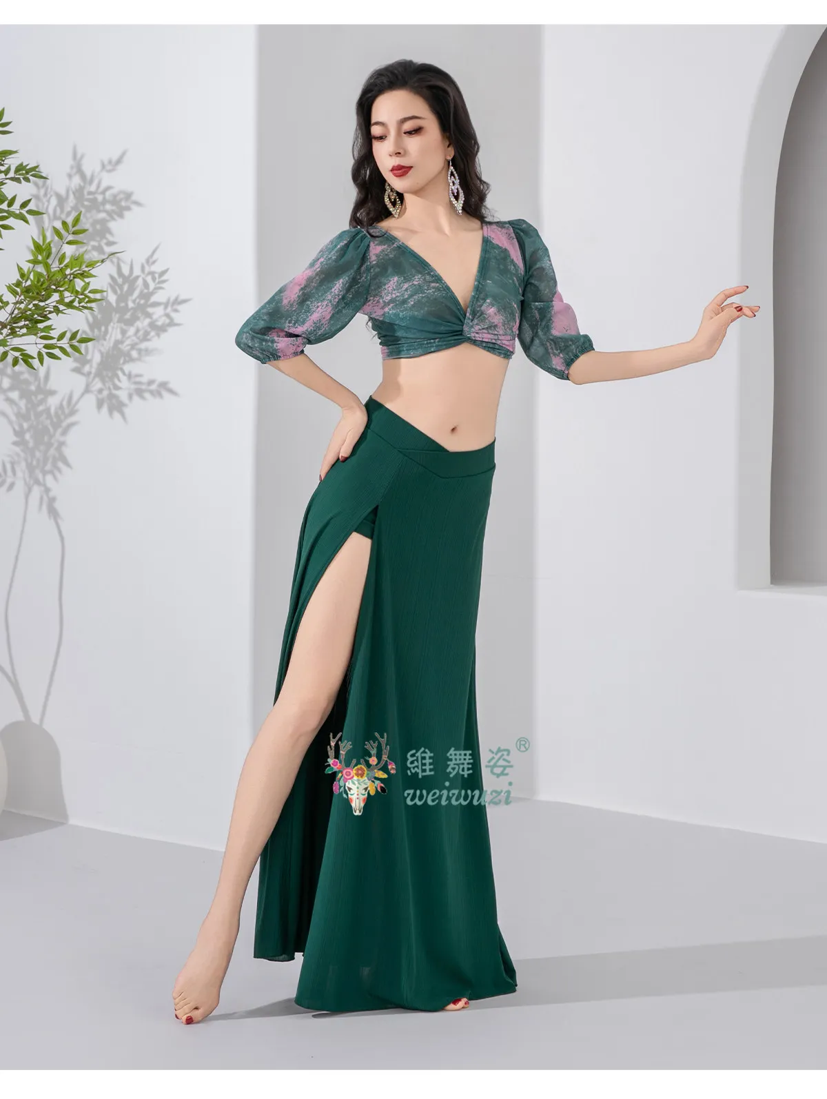 Bauchtanz-Übungskleidung Sexy Bedrucktes Oberteil + Langer Rock mit Schlitz 2-teiliges Set für Erwachsene Frauen Orientalisches Tanz-Trainingsoutfit – Detail 14