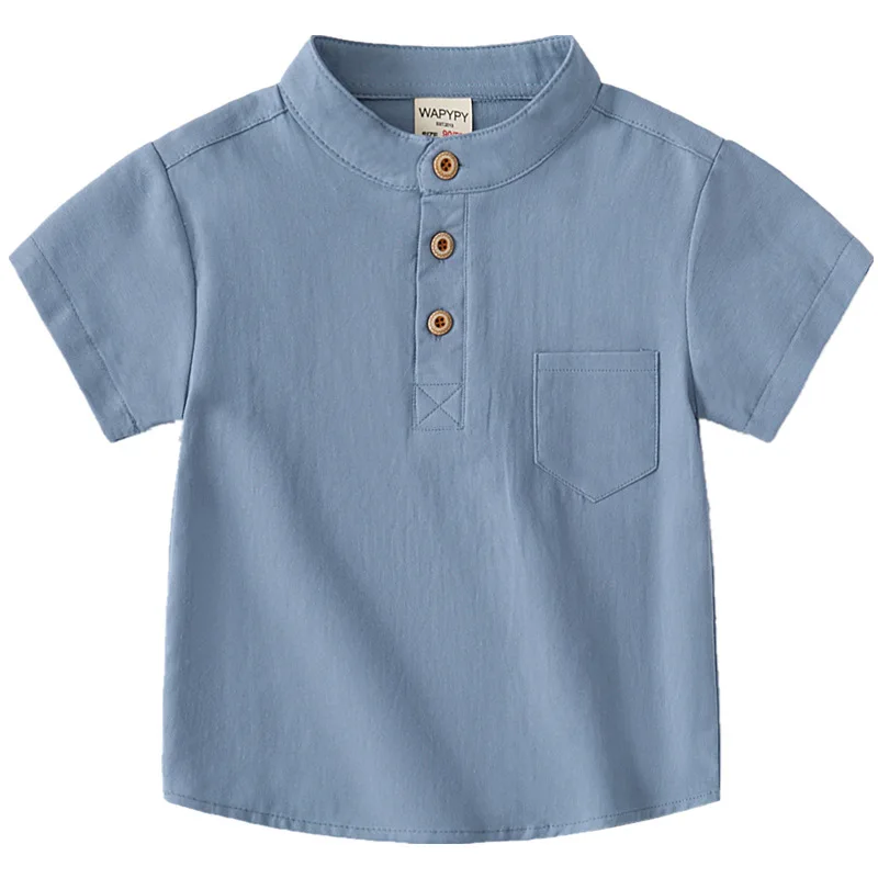 2024 Summer Kids Short Sleeve Loose Shirt Boys\' Solid Color Stand Collar Casual Cotton Top, Available for Ages 3-8, 2 Colors