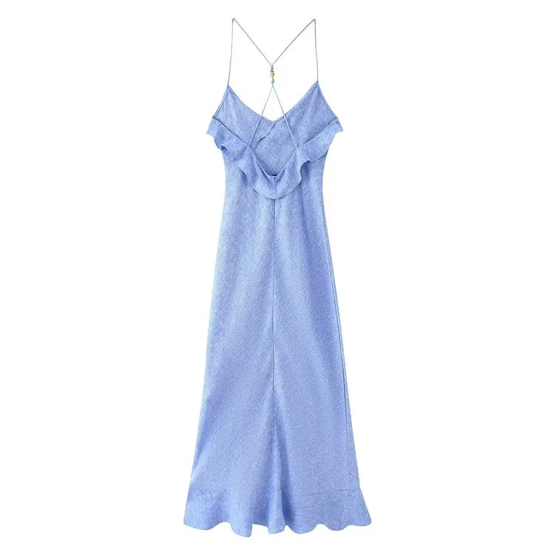 Verão novo design f sensação mistura de linho em camadas vestido de alça viagem cintura alta longo sem mangas com deco...