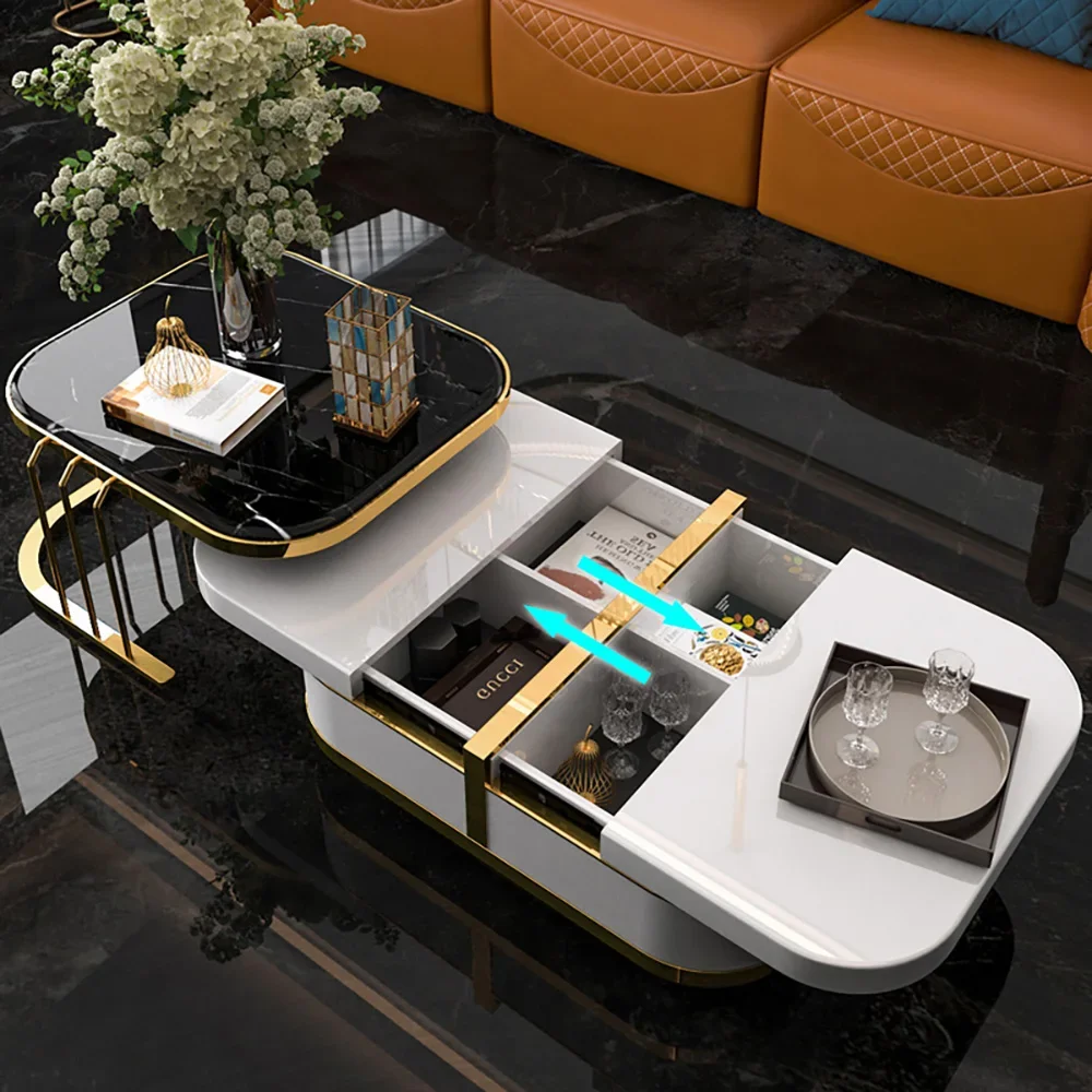 Table Basse Rétractable en Marbre de Luxe, Meuble TV Moderne