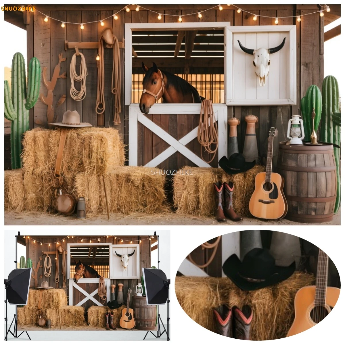 

Western Cowboy Horse Barn Decor Background Wild West Rustic Farm Haystack Wheel Birthday Party Photography Backdrop Photo Props