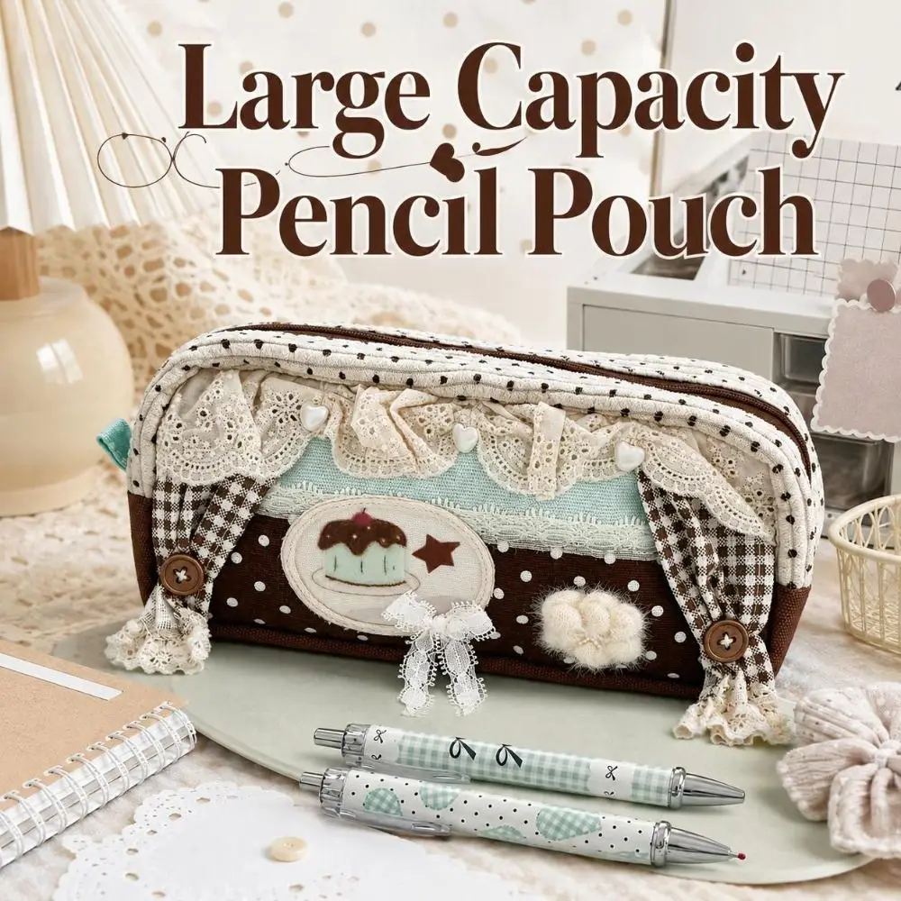 Multi Layer Rabbit Ears Pencil Pouch Large Capacity Zippered Lace Stationery Bag Handmade Polka Dots Cute Pen Storage Case