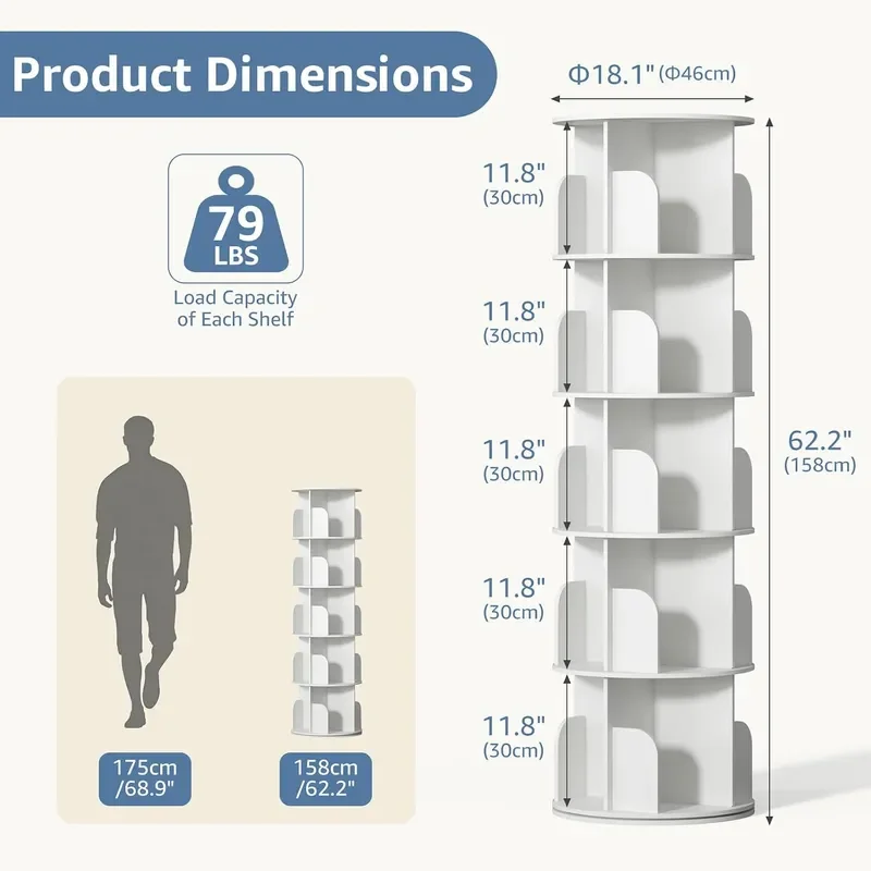 5 Tier Rotating Bookshelf Tower Spinning Bookshelf for Small Space