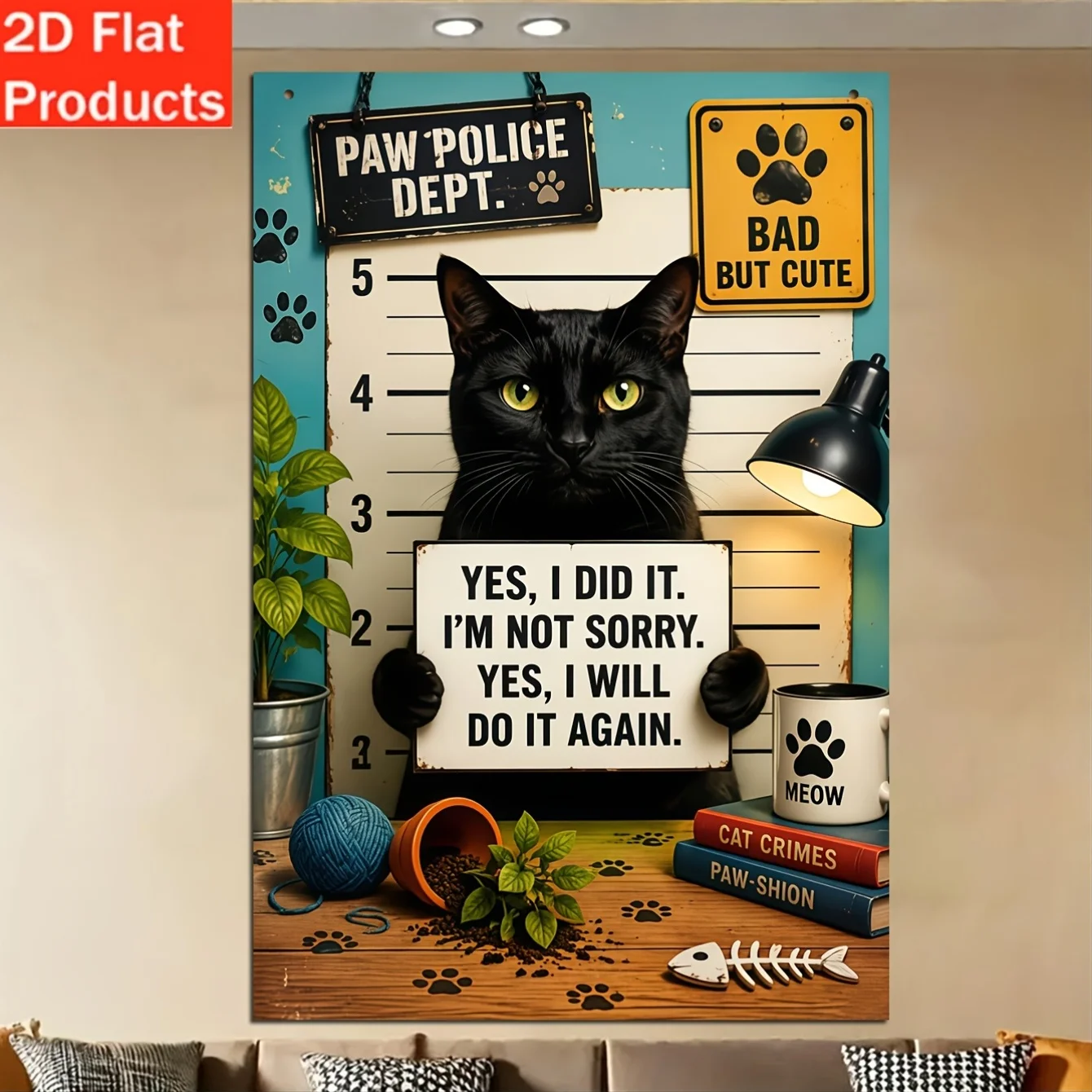 Aluminum Decorative Sign and Plaque - 1pc Fun Black Cat Criminal Photo Sign, Paw Print Police Cat Decorative Plaque