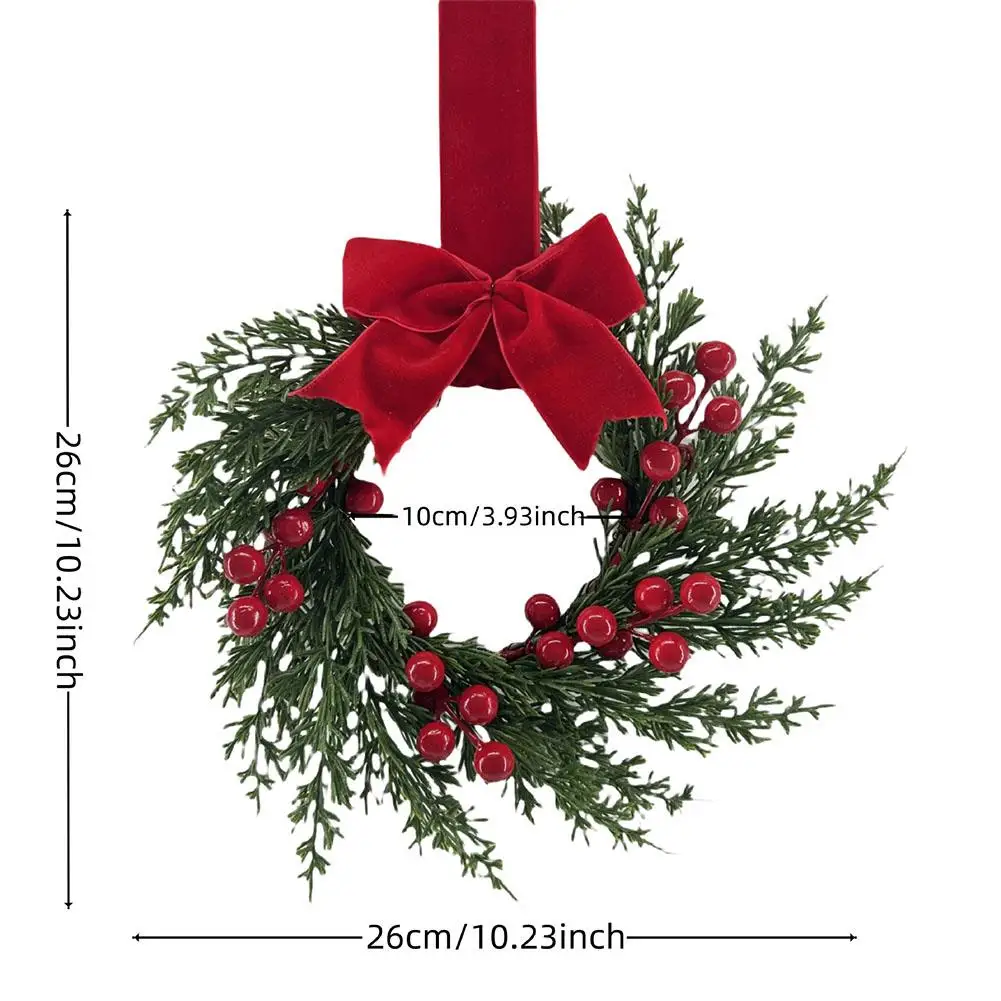 Künstlicher Weihnachtskranz, 25,4 cm, Wintergrüner Kranz, Haustür, Urlaub, Veranda, Wanddekoration mit roten Beeren und Samtschleife – Detail 13