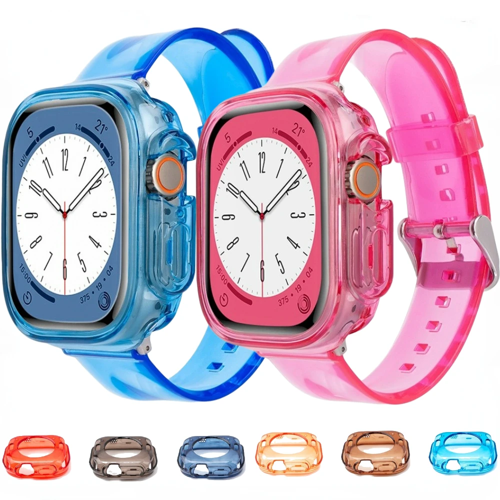 

TPU Case+Silicone Strap For Apple Watch Band Ultra 49mm 45mm 41mm 44mm 40mm 42mm 38mm Glacier crust iWatch Series 8 7 6 5 4 SE 3