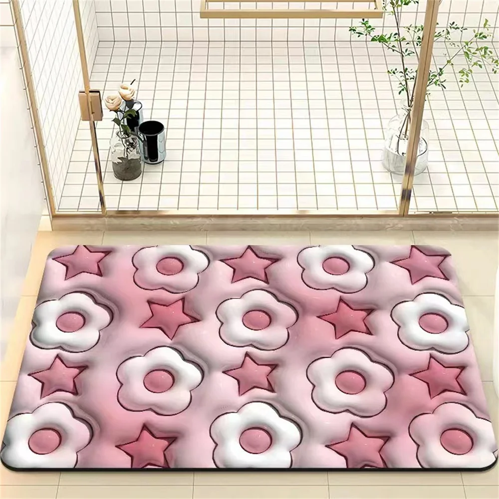 Flooring Mat Antiskid Decorating Rugs Gel Diatom Foaming Layer Anti-slip Bath Mat Absorbs Water Quickly Shower Carpet Floret