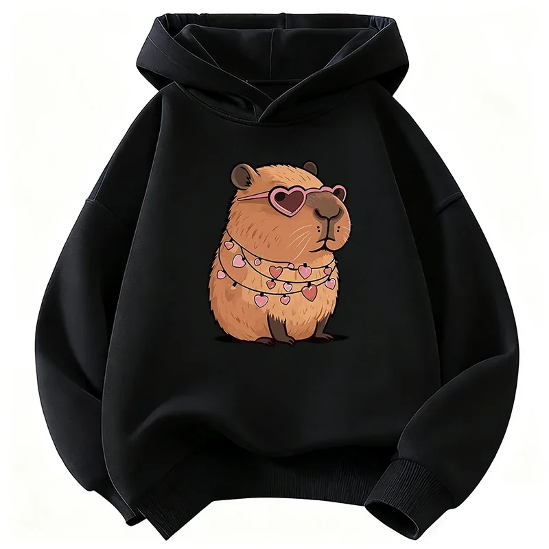 Capybara Hoodie Cute Kawaii Heart Love Kids Cartoon Sunglasses Aesthetic Oversized Casual Sport Sweatshirts