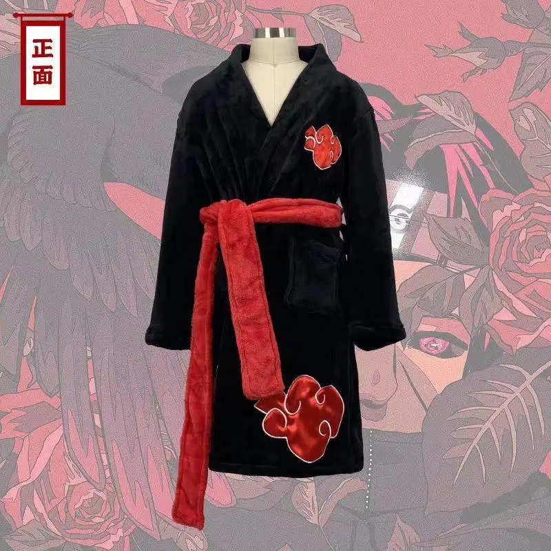 Naruto Robe Akatsuki Anime Uchiha Itachi Generation 4 Fire Shadows Flannel Thickened Bathrobe Thermal Nightgown for Young Pajama