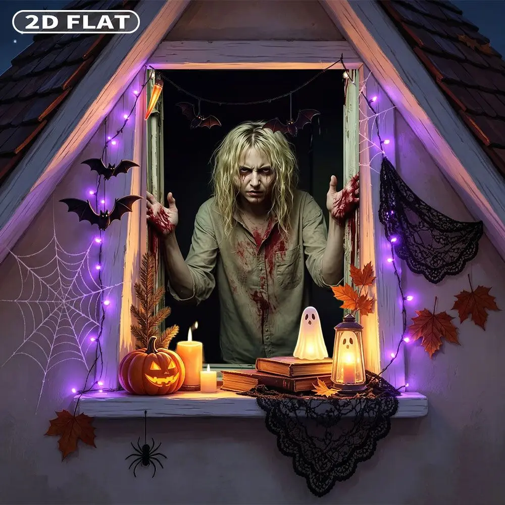 2D FLAT 1pc Party Window Cover Banner, with Bloody Hands And Shirt On Scary Woman, No Power Need Home Decor