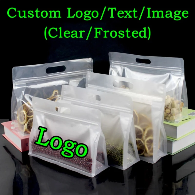 50 Stück 3D Stand-up Mattierte/Klare Tragbare Plastik-Ziplock-Verpackungsbeutel DIY Logo Snack Zucker Tierfutter Gewürz Tragetaschen mit Reißverschluss