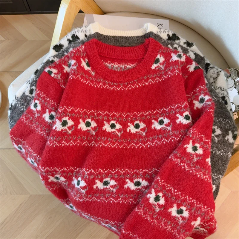 المرأة عيد الميلاد الأحمر البلوز سترة Vintage البلوز متماسكة طويلة الأكمام سترة الكشمير المعنقة للنساء ربيع الخريف 2000s الملابس #4